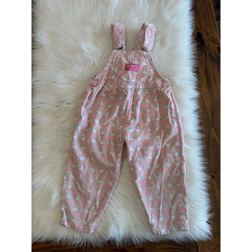 Vintage OshKosh‎ B'gosh pink corduroy overalls duck goose print size 2 EUC